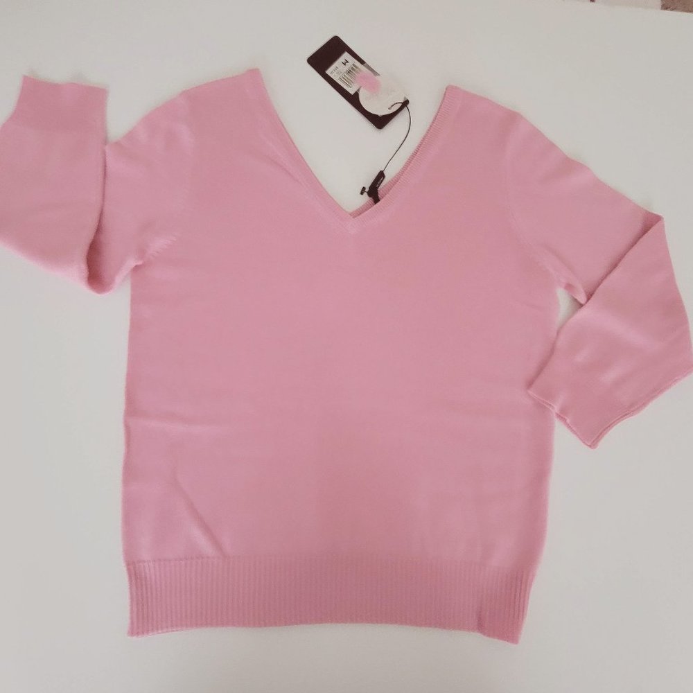 DAISY FUENTES Silk Cashmere V-Neck Sweater, 3/4 sleeve, Lt Pink, Sz M